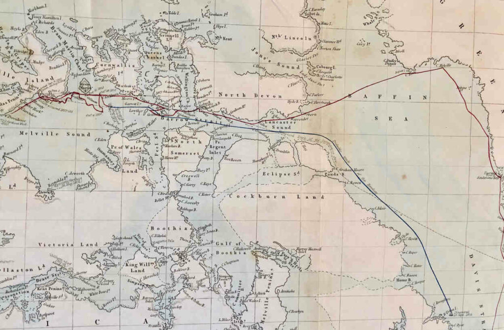 HMS Resolute's Master George Frederick McDougall created this chart showing Resolute's track during her Arctic Adventures. The red track is when she was manned and the blue without crew