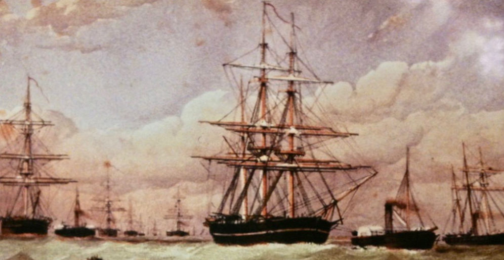 The five ships of the Belcher Expedition leave the Nore in April 1852. (Intrepid is off screen) Resolute is on the left, Assistance is in the centre with North Star in the distance off her stern, and Pioneer is on the far right.