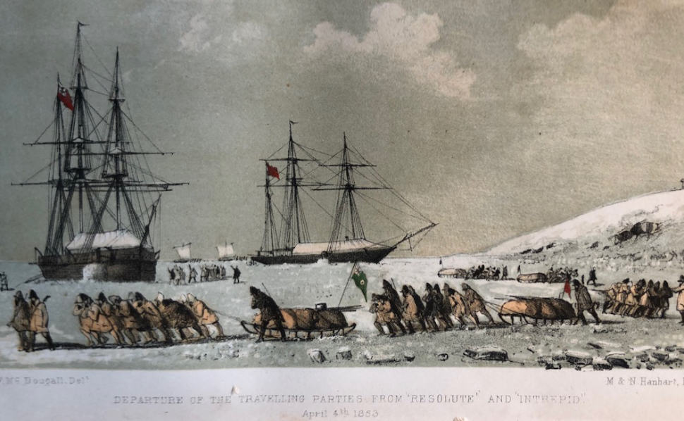 From the winter camp of HMS Resolute and HMS Intrepid, just off Dealy Island, the men depart on their spring 1853 sledging trips. During the course of 1853 many of them completed record breaking trips.