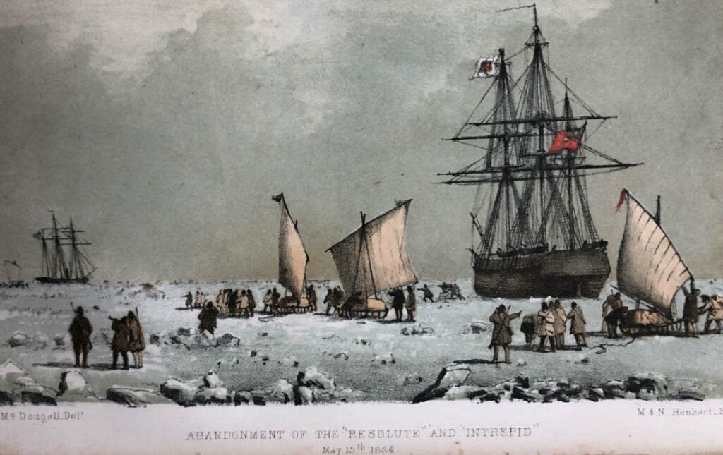 HMS Resolute's Master, George Frederick McDougall, painted this watercolour to memorialise the sad day when they were forced by Belcher to abandon Resolute (in the foreground) and her steam tender Intrepid (in the distance). The men have loaded their sledges, and set their sails to head to Beechey Island for their rendezvous. As they sledged away, they turned as one and gave their beloved ship three hearty cheers. But none of them felt cheerful, they were all sad to leave her.