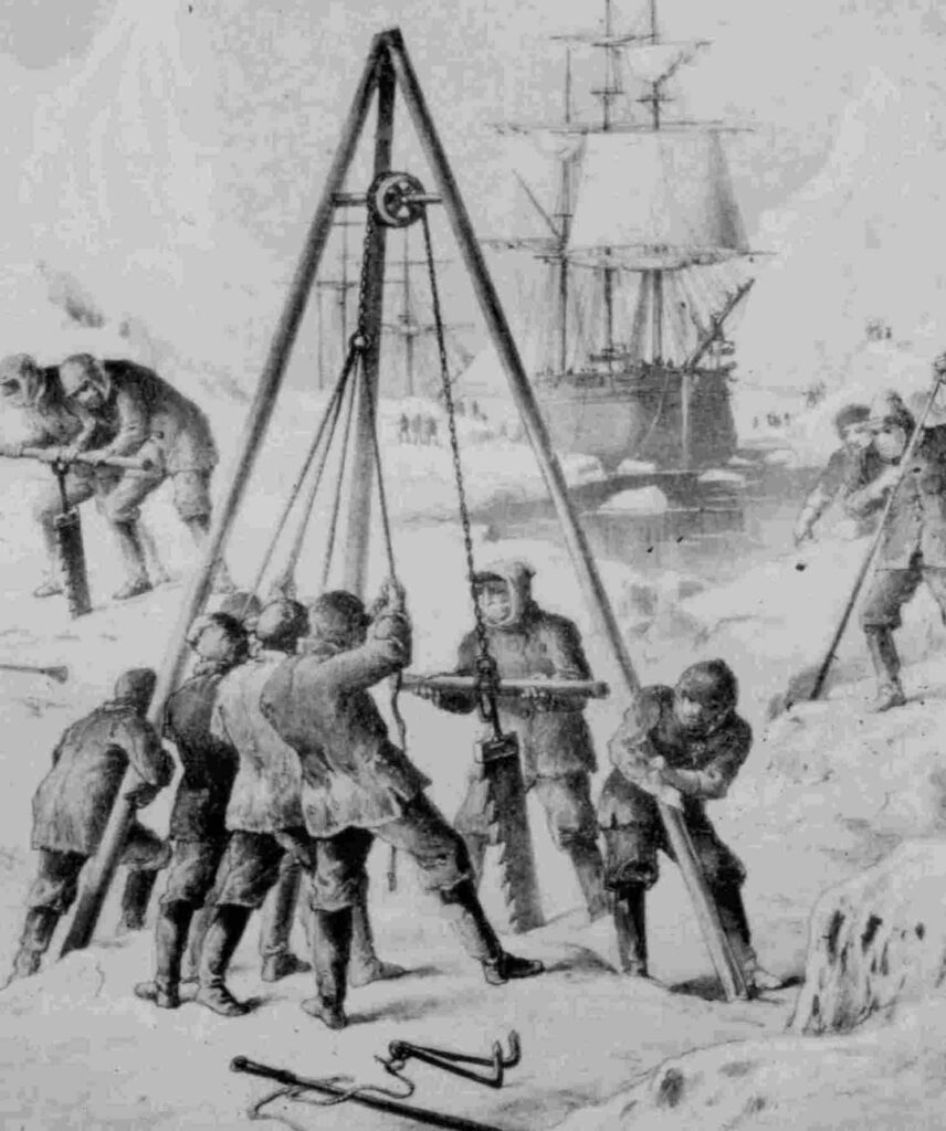 Arctic explorers cutting a dock into the stable shore ice using ice saws and long poles to pry the cut ice blocks out